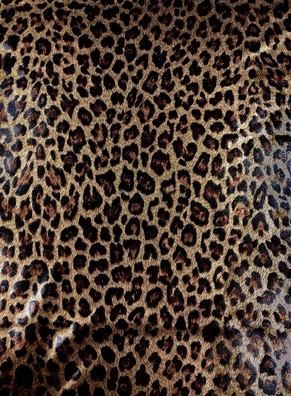 Leopard Shiny Foil Design Polyester Spandex Fabric - Leopard Print, Shiny Foil, 58-60" Width