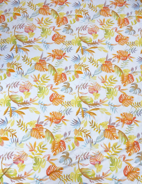 Tropical Leaves On White Nylon Spandex Fabric - White Tropical Leaves, 58"-60" Width