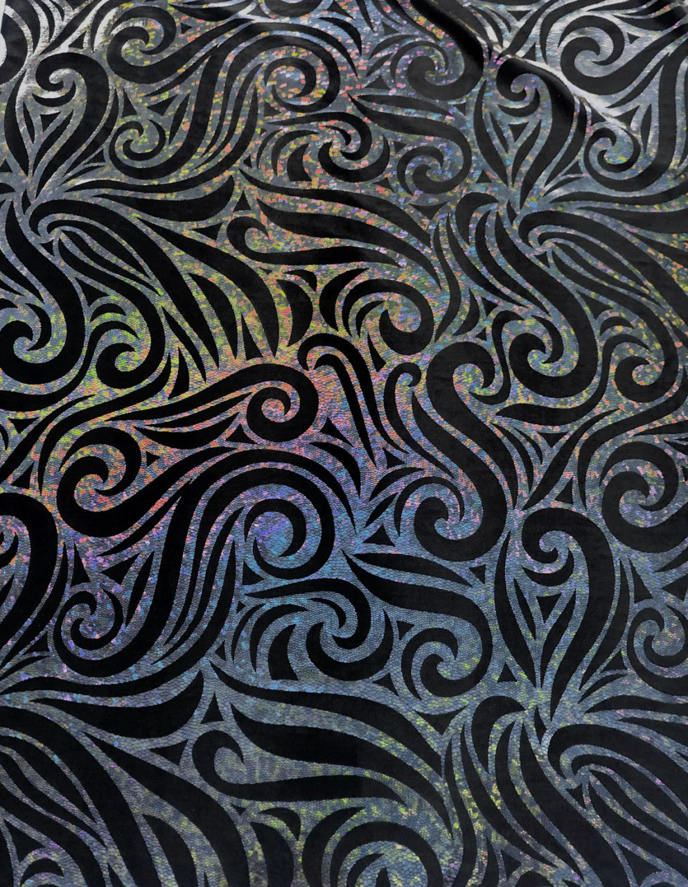 Swirl Hologram Snake Design Foil Polyester Spandex Velvet Fabric - Holo Black, Snake Scale Holographic Design, 58"-60" Width