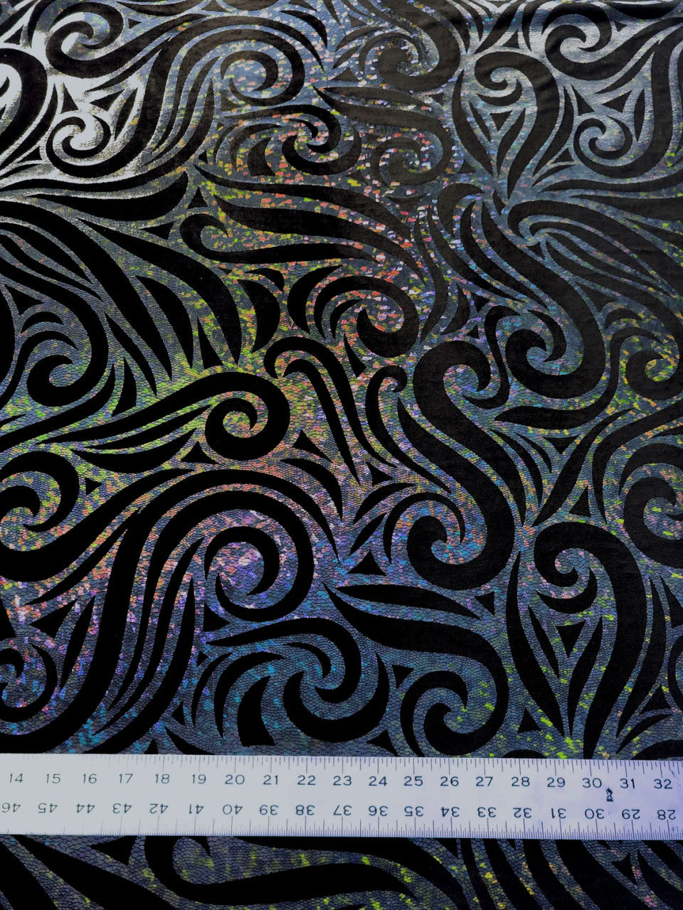 Swirl Hologram Snake Design Foil Polyester Spandex Velvet Fabric - Holo Black, Snake Scale Holographic Design, 58"-60" Width