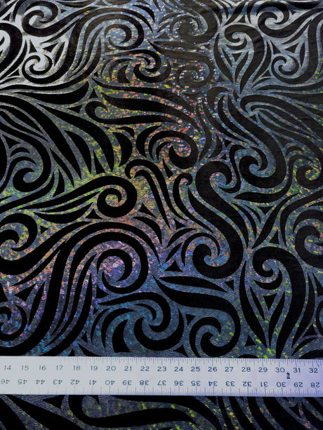 Swirl Hologram Snake Design Foil Polyester Spandex Velvet Fabric - Holo Black, Snake Scale Holographic Design, 58"-60" Width