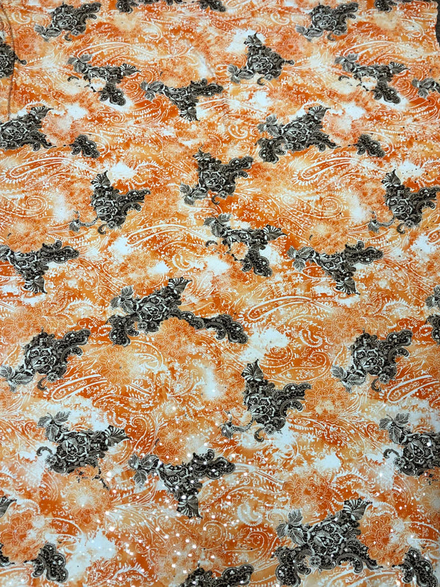Polyester Spandex Fabric - Abstract Paisley Print With Silver Circle Trans, 58"-60" Width