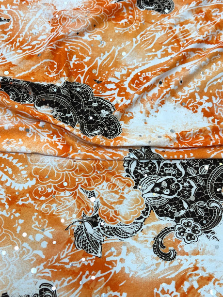 Polyester Spandex Fabric - Abstract Paisley Print With Silver Circle Trans, 58"-60" Width