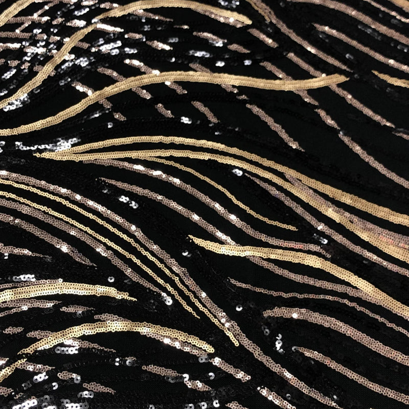 Sequin Wave 100 Percent Polyester Mesh Fabric - Black, Rose Gold, Matte Gold Sequins, 50" Width