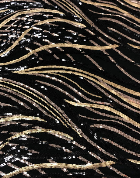 Sequin Wave 100 Percent Polyester Mesh Fabric - Black, Rose Gold, Matte Gold Sequins, 50" Width