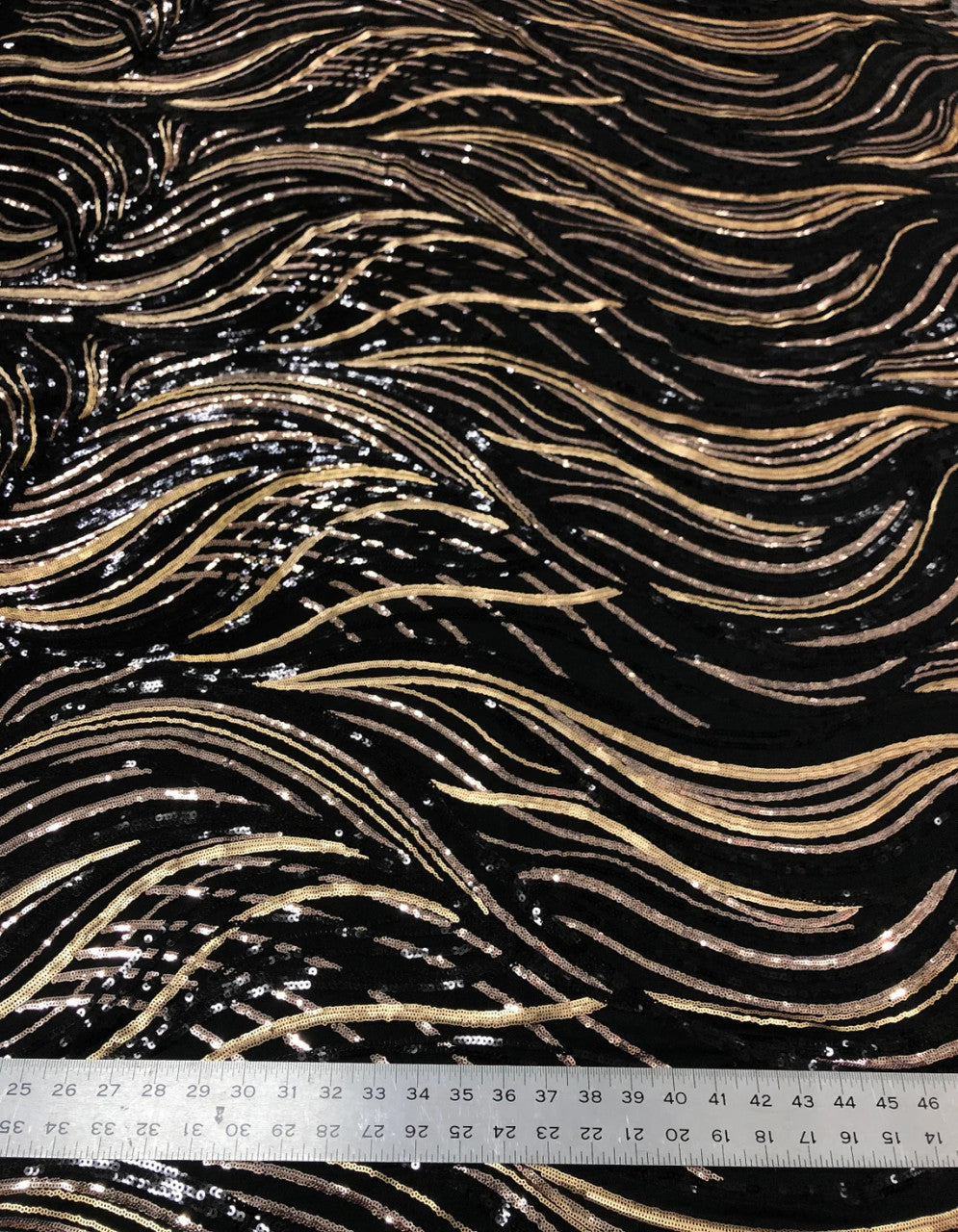 Sequin Wave 100 Percent Polyester Mesh Fabric - Black, Rose Gold, Matte Gold Sequins, 50" Width