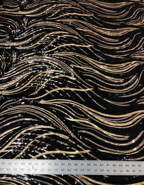 Sequin Wave 100 Percent Polyester Mesh Fabric - Black, Rose Gold, Matte Gold Sequins, 50" Width