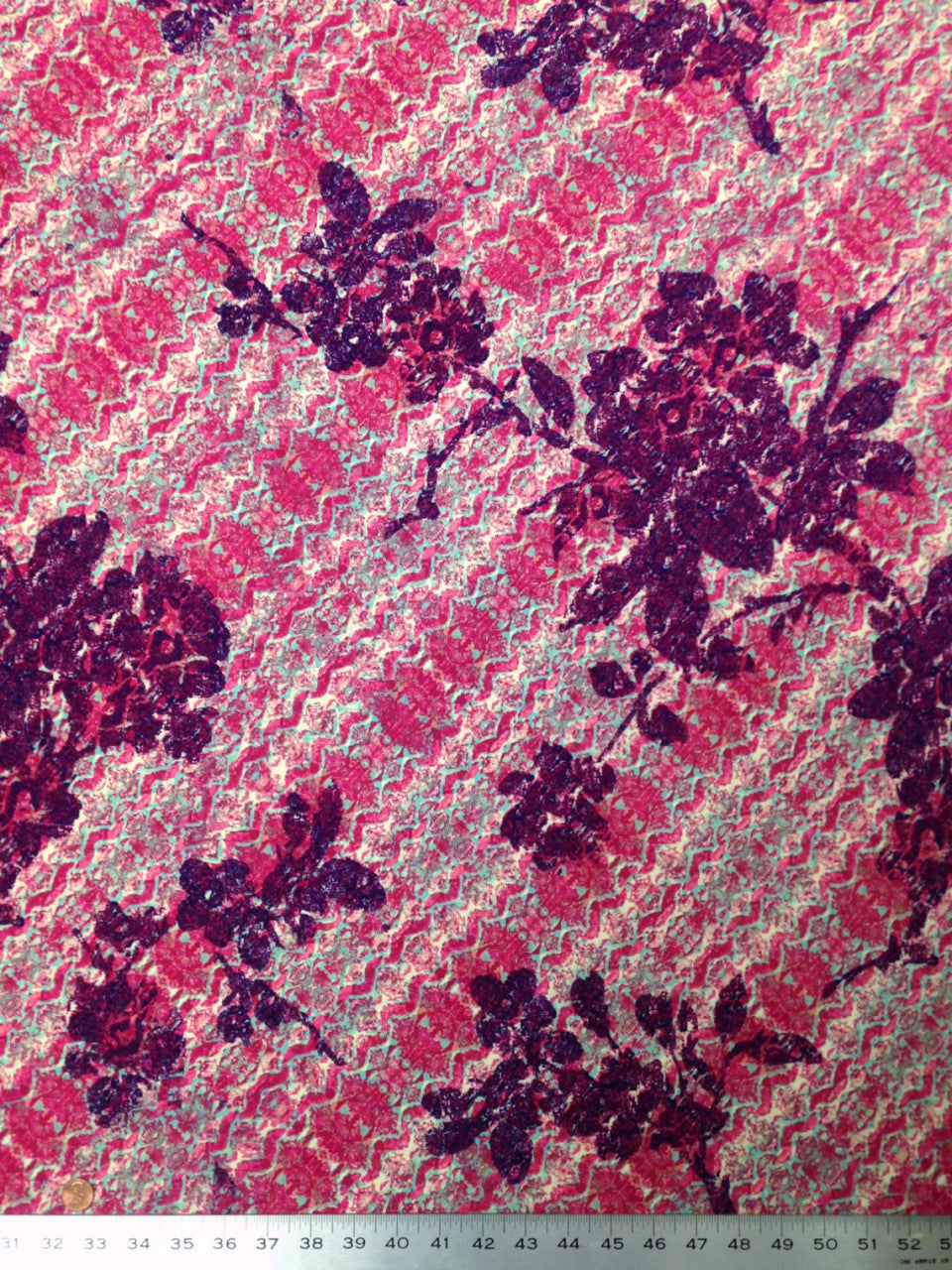 Pink Purple Floral Tribal Pattern Polyester Spandex Knit Jersey Fabric - Pink, Purple Floral Tribal Pattern, 58-60" Width