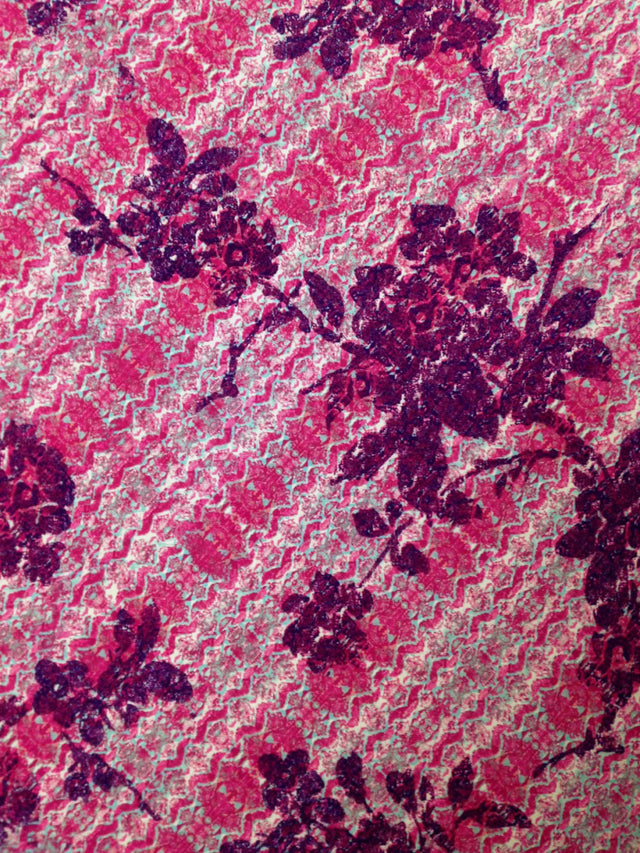 Pink Purple Floral Tribal Pattern Polyester Spandex Knit Jersey Fabric - Pink, Purple Floral Tribal Pattern, 58-60" Width