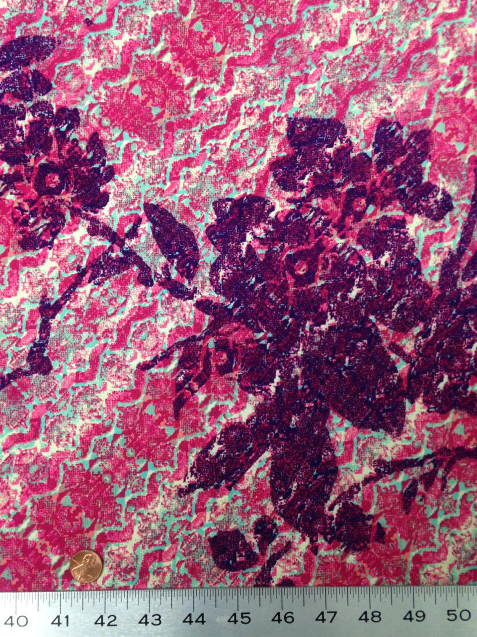Pink Purple Floral Tribal Pattern Polyester Spandex Knit Jersey Fabric - Pink, Purple Floral Tribal Pattern, 58-60" Width