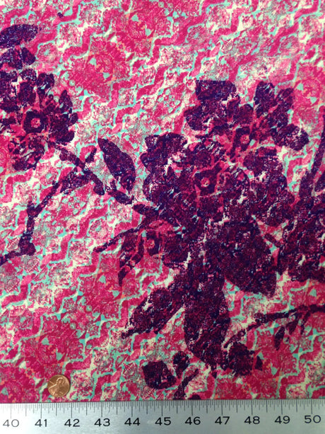 Pink Purple Floral Tribal Pattern Polyester Spandex Knit Jersey Fabric - Pink, Purple Floral Tribal Pattern, 58-60" Width