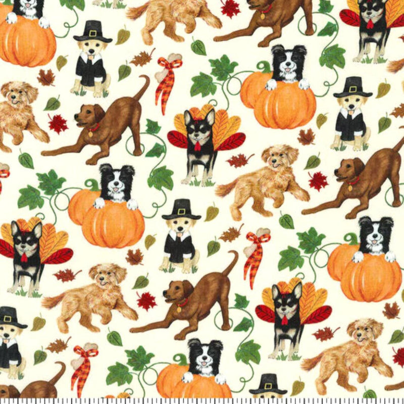 Quilting Cotton Playful Pups on Cream Thanksgiving Robert Kaufman