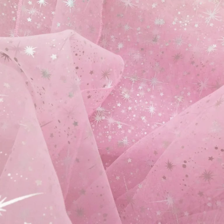 Star Bursts Sheer Organza Fabric - Glitter Star Print, Pink/Turquoise/White, 58/60" Width