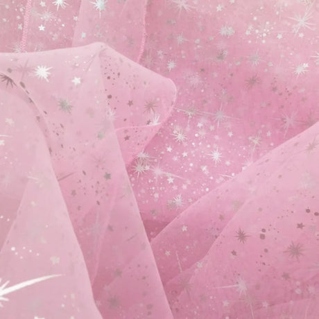Star Bursts Sheer Organza Fabric - Glitter Star Print, Pink/Turquoise/White, 58/60" Width