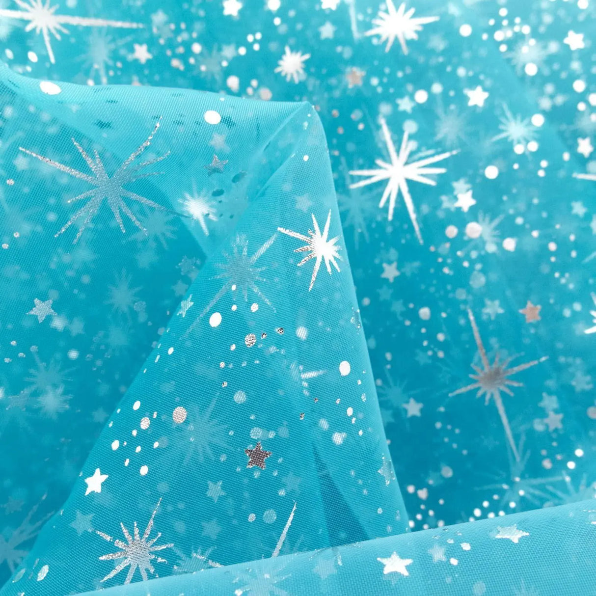 Star Bursts Sheer Organza Fabric - Glitter Star Print, Pink/Turquoise/White, 58/60" Width