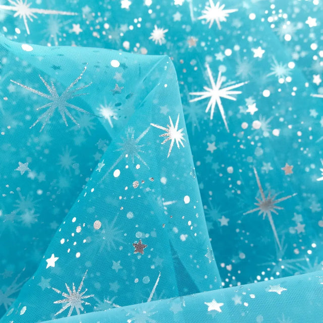 Star Bursts Sheer Organza Fabric - Glitter Star Print, Pink/Turquoise/White, 58/60" Width