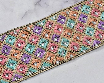 Embroidered Trim Multi-Color Beaded Sequined 2.25"