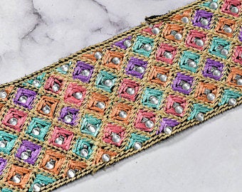 Embroidered Trim Multi-Color Beaded Sequined 2.25"