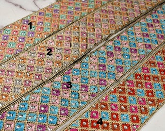 Embroidered Trim Multi-Color Beaded Sequined 2.25"