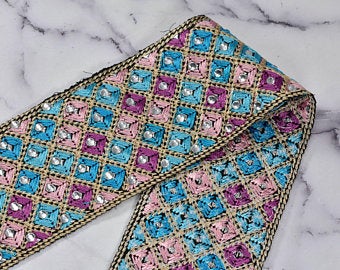 Embroidered Trim Multi-Color Beaded Sequined 2.25"
