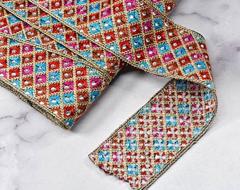 Embroidered Trim Multi-Color Beaded Sequined 2.25"