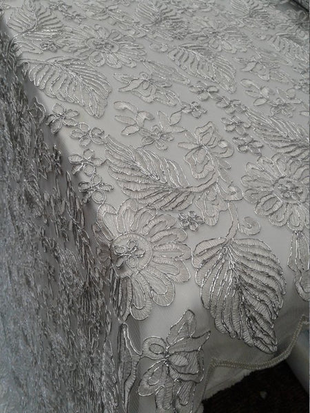 1 Yard White Lurex Floral Paisley Bridal Lace Fabric Embroidery Wedding Dress 54 Inches Wide