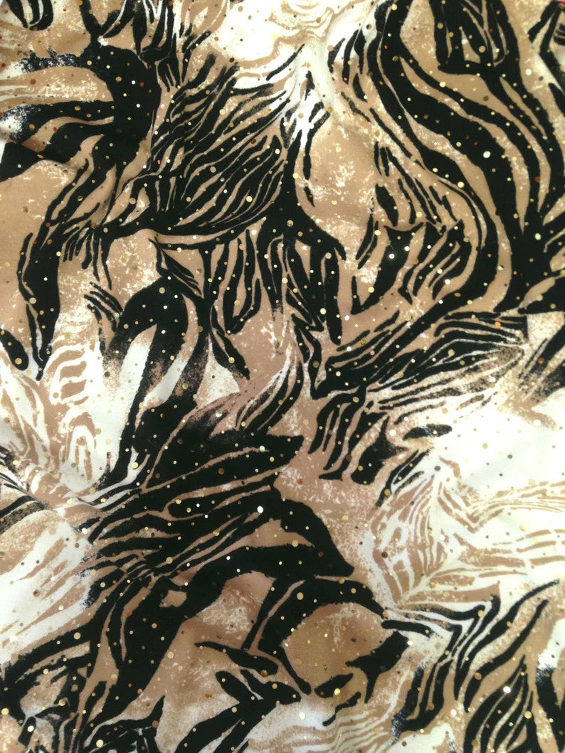 Animal Print W/ Shiny Gold Faux Sequins Ponte De Roma Polyester Spandex Fabric - Animal Print, Shiny Gold, 58"-60" Width