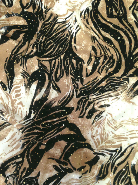 Animal Print W/ Shiny Gold Faux Sequins Ponte De Roma Polyester Spandex Fabric - Animal Print, Shiny Gold, 58"-60" Width