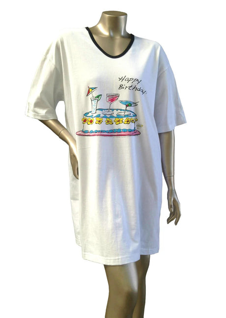 Happy Birthday Animated Sleepshirt 100 Percent Cotton Fabric - Heat Printed Design, Side Slits, Matte Studs, One Size Fits Most