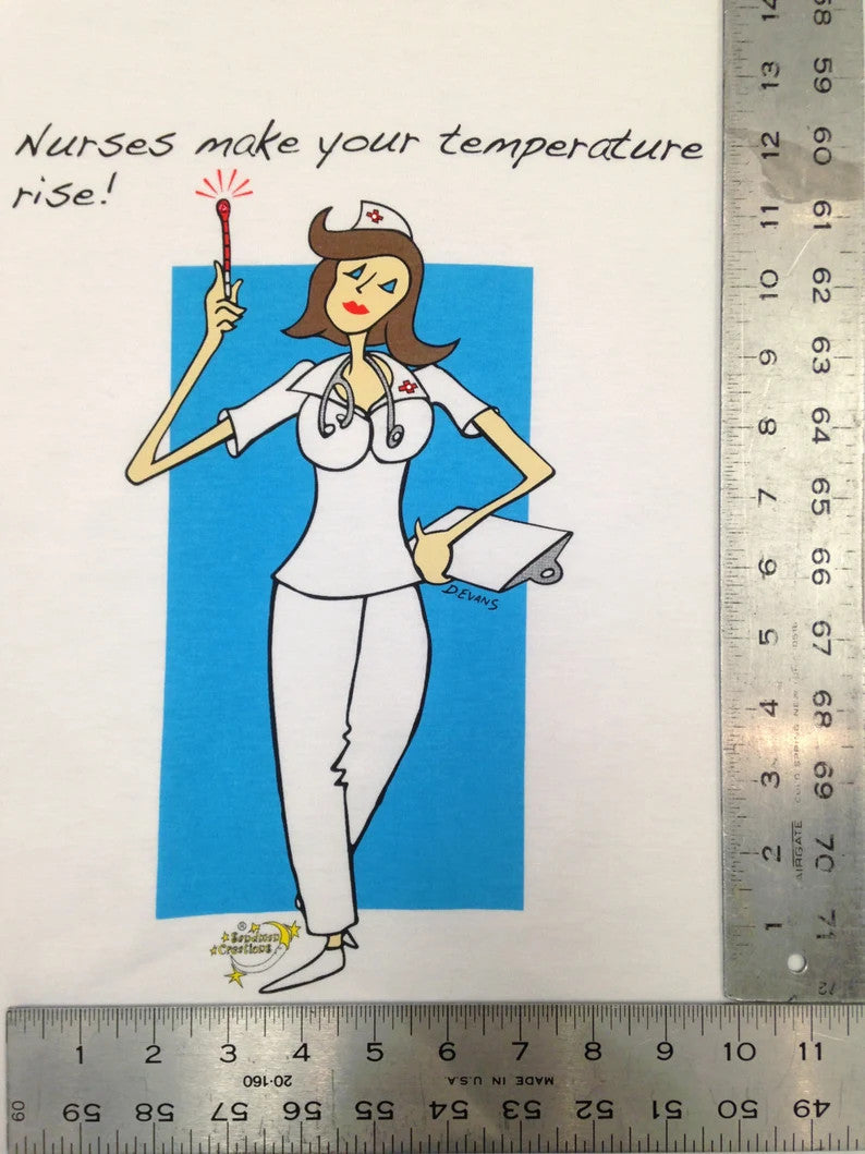 Hello Nurse Animated Sleepshirt 100 Percent Cotton Fabric - Matte Studs, Side Slits, White, 36" Length