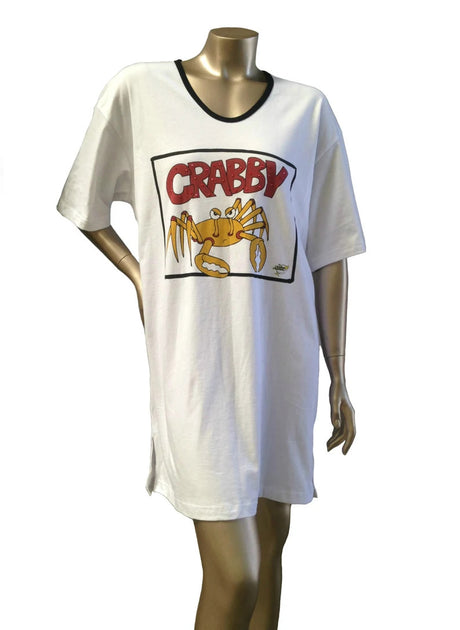 Crabby 100 Percent Cotton Fabric - Animated Sleepshirt Or Beach Cover-Up, Matte Studs, Side Slits, White, 36" Length