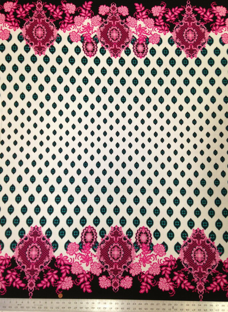 Big Floral Ogee Bordered Pattern Polyester Spandex Fabric - Black, White, 58" Width