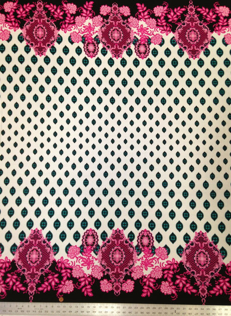 Big Floral Ogee Bordered Pattern Polyester Spandex Fabric - Black, White, 58" Width
