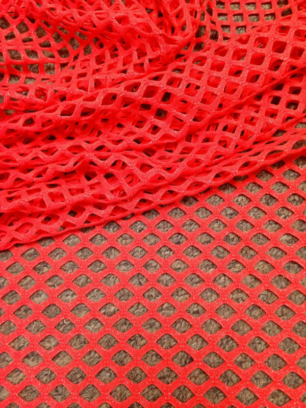 Coral Red Big Hole Diamond Mesh Stretch Polyester Spandex Fabric - Coral Red Diamond Mesh, Subtle Silver Foil, 58" Width
