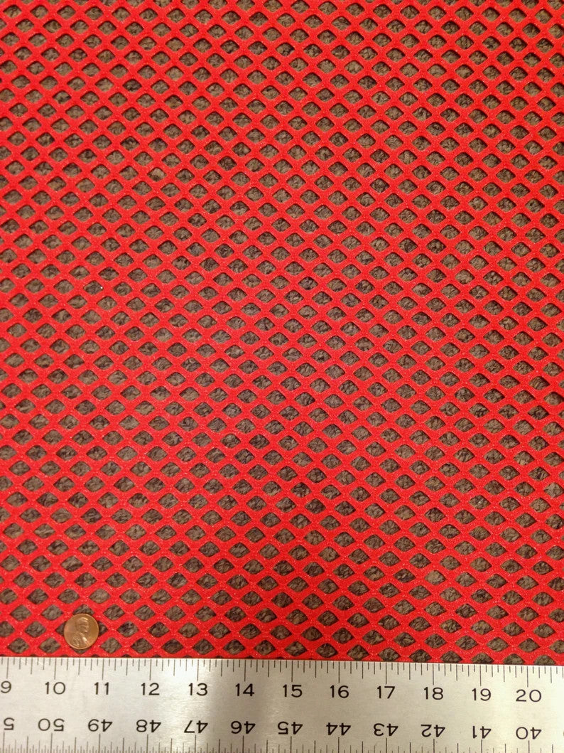 Coral Red Big Hole Diamond Mesh Stretch Polyester Spandex Fabric - Coral Red Diamond Mesh, Subtle Silver Foil, 58" Width