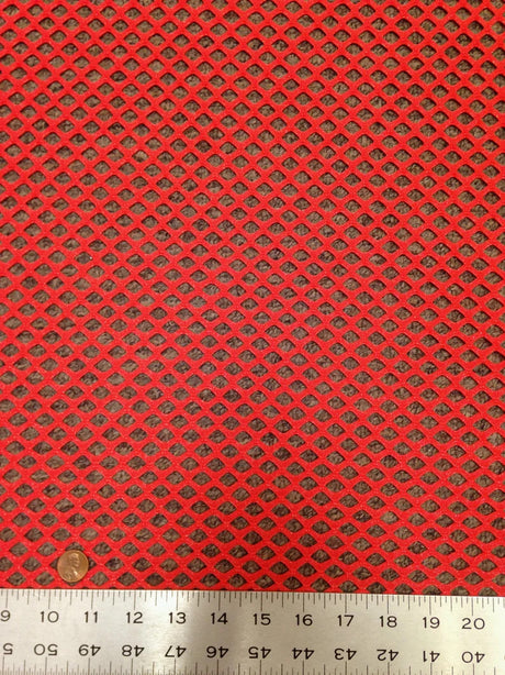 Coral Red Big Hole Diamond Mesh Stretch Polyester Spandex Fabric - Coral Red Diamond Mesh, Subtle Silver Foil, 58" Width