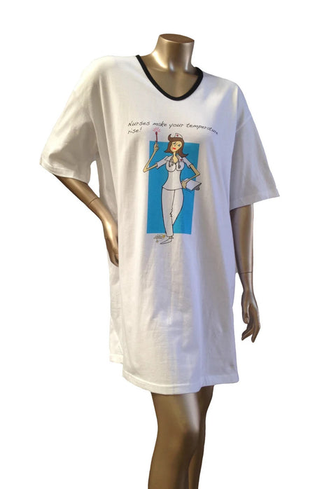 Hello Nurse Animated Sleepshirt 100 Percent Cotton Fabric - Matte Studs, Side Slits, White, 36" Length
