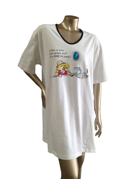 Sailing Ship 100 Percent Cotton Fabric - Animated Sleepshirt Or Beach Cover-Up, Matte Studs, Side Slits, One Size Fits Most