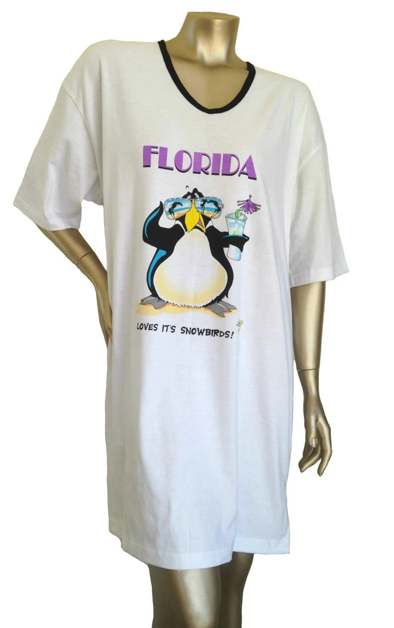Florida Penguin 100 Percent Cotton Fabric - Animated Sleepshirt Or Beach Cover-Up, Side Slits, Matte Studs, One Size Fits Most