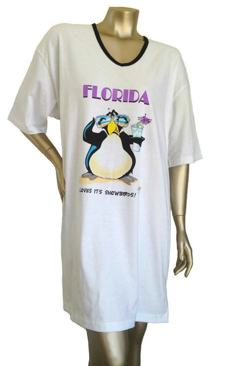 Florida Penguin 100 Percent Cotton Fabric - Animated Sleepshirt Or Beach Cover-Up, Side Slits, Matte Studs, One Size Fits Most