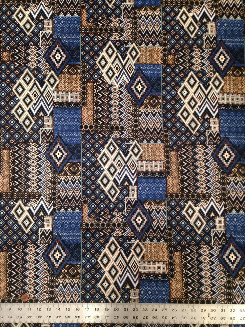 Blue Tan Tribal Pattern Polyester Spandex Fabric - Brushed Knit Jersey, Blue/Tan Tribal Print, 58-60" Width