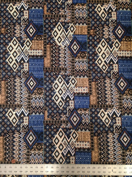 Blue Tan Tribal Pattern Polyester Spandex Fabric - Brushed Knit Jersey, Blue/Tan Tribal Print, 58-60" Width