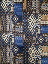Blue Tan Tribal Pattern Polyester Spandex Fabric - Brushed Knit Jersey, Blue/Tan Tribal Print, 58-60" Width