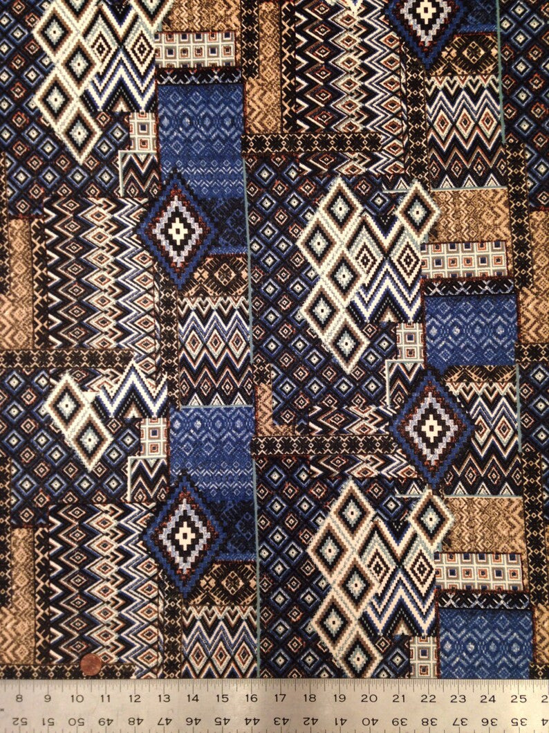 Blue Tan Tribal Pattern Polyester Spandex Fabric - Brushed Knit Jersey, Blue/Tan Tribal Print, 58-60" Width
