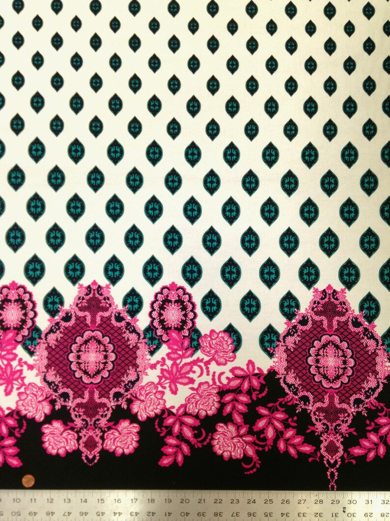 Big Floral Ogee Bordered Pattern Polyester Spandex Fabric - Black, White, 58" Width