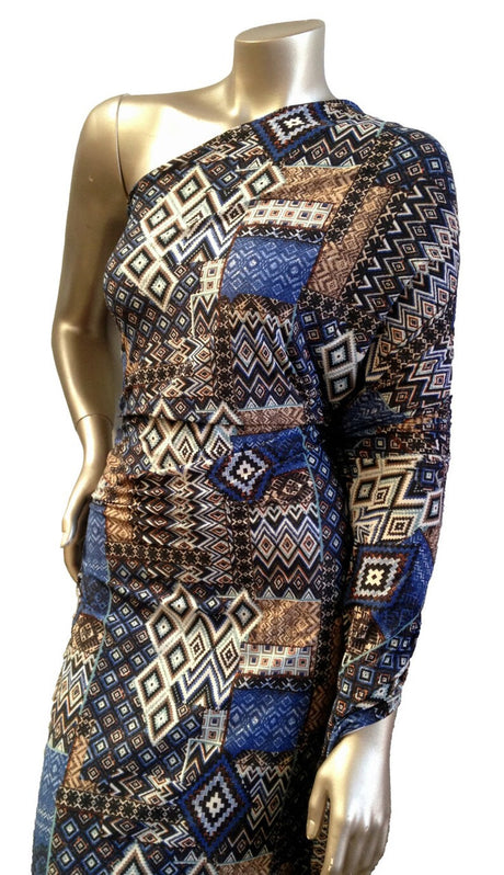Blue Tan Tribal Pattern Polyester Spandex Fabric - Brushed Knit Jersey, Blue/Tan Tribal Print, 58-60" Width