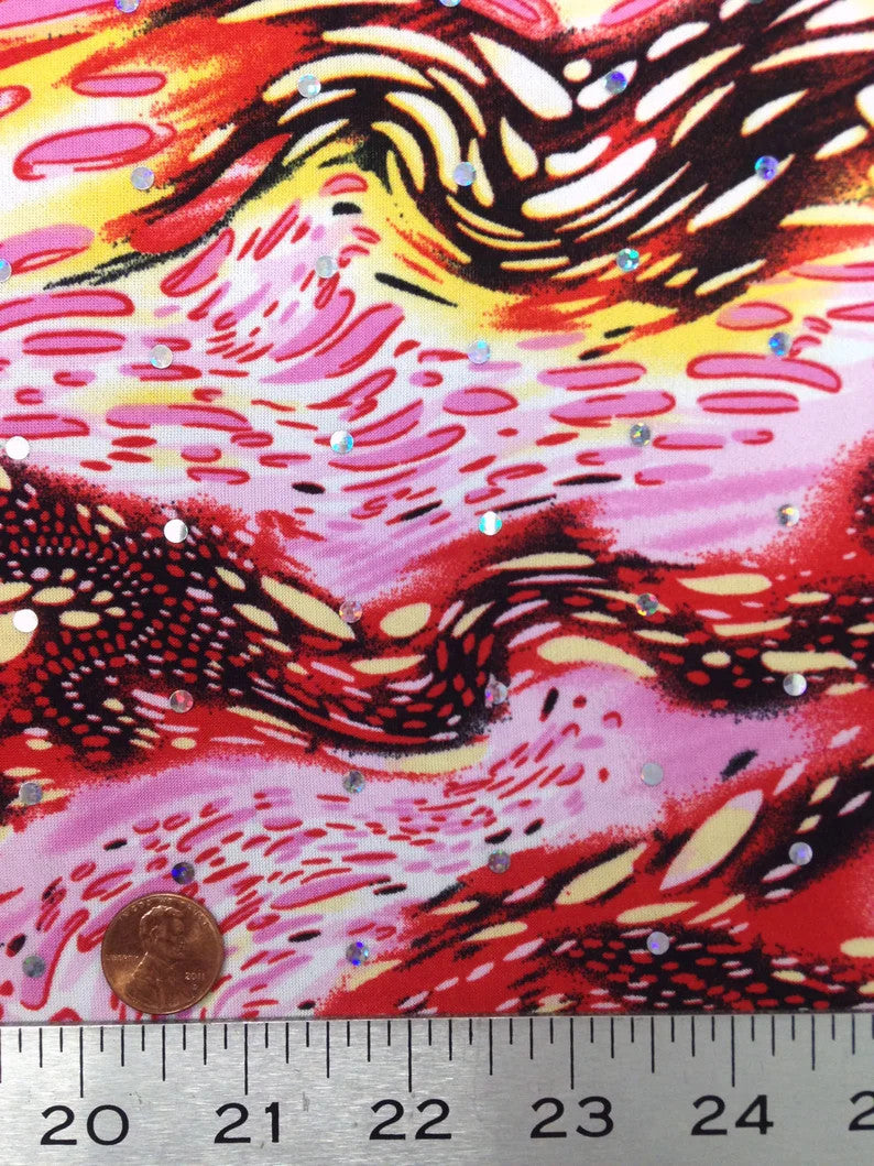 Bubble Swirl Pattern Polyester Spandex Fabric - Silver Holographic Faux Sequins, 58"-60" Width