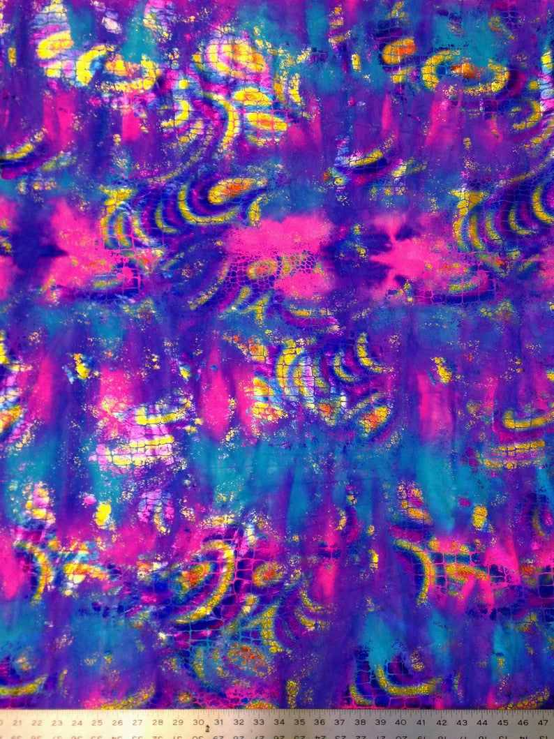 Holographic Shiny Foil Big Reptile Tie Dye Pattern Nylon Spandex Fabric - Green, Purple, Orange, 58"- 60" Wide