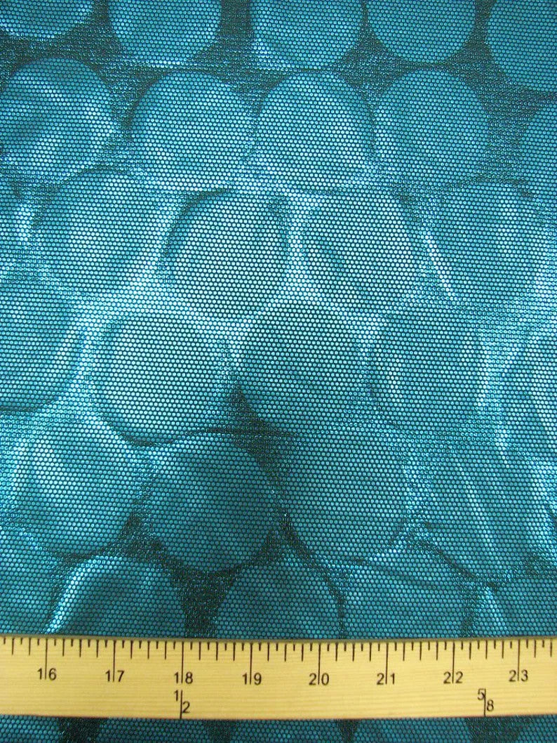 Polyester Spandex Fabric - Shiny Circles Foil Design, Silver, Magenta, Teal, 58/60" Width
