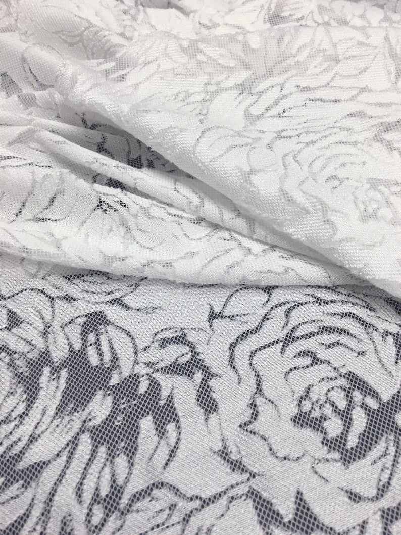 Polyester Floral Lace Fabric - Textured Floral Design, White, Black